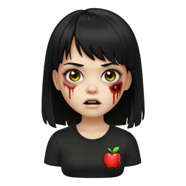 uma garota zumbi no formato Memoji da apple com o cabelo cumprido, preto liso e com franja, blusa preta sticker