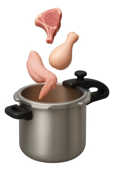 emoji stile iphone in 3d di una pentola a pressione dentro cui cadono agnello, pollo e tacchino crudi da cuocere, iperrealistico 4k sticker