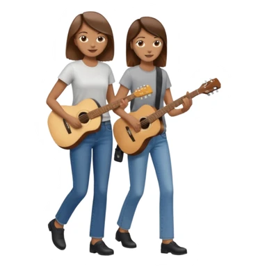 based on emoji style, like this "💁🏻‍♀️" "💁🏽‍♂️" "💁🏻", two people walking together, one is brown-haired woman, wearing business casual, holding a guitar; another one is a non-binary person, wearing t shirt and jeans. they are walking together. sticker
