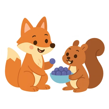 a fox and squirrel sharing berries, forest friendship scene sticker