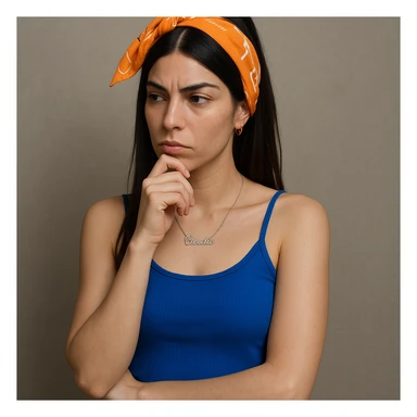 Donna pensierosa a figura quasi intera, con mano sotto al mento, espressione riflessiva, dettagli iperrealistici 4K, sfondo neutro, ispirata al riferimento. sticker