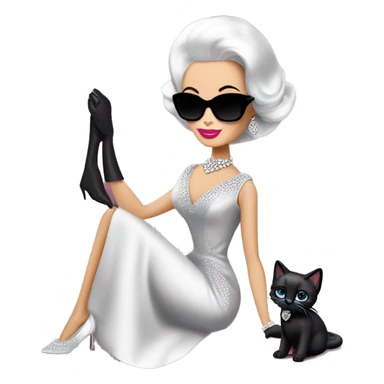 White Diamonds Elizabeth Taylor Barbie. Morticia Addams.Satin dress, opera gloves,pumps, bracelet, earrings, sunglasses Cuddling up with Slippers the kitten. sticker