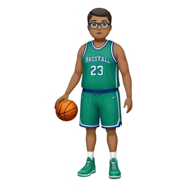 Full Body plus size tall white male with dark short hair basketball player wearing glasses wearing blue  with green uniform sticker