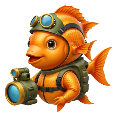 goldfish with camouflage helmet and gear, iOS emoji style sticker