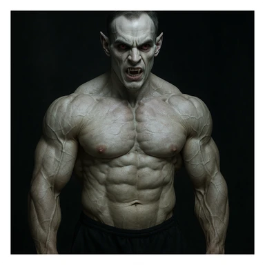 realistic image of a muscular bodybuilder with vampire appearance, inspired by trenbolone use, pale skin, intense eyes, dark atmosphere, realistic details sticker