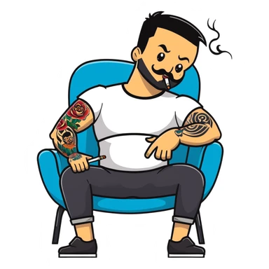 Heavy-set man leaning back in chair with legs spread showing tattooed left calf, smoking cigarette, exposed belly, round face, short black hair, well-groomed short beard with small mustache, black t-shirt with light stripes on top portion, sleeves rolled up, black shorts, arms and left calf decorated with matching black graphic tattoo patterns sticker
