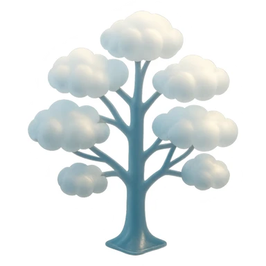 one tree with many branches and a white trunk, crown made of small very bright white fluffy convex clouds, matte glass style sticker