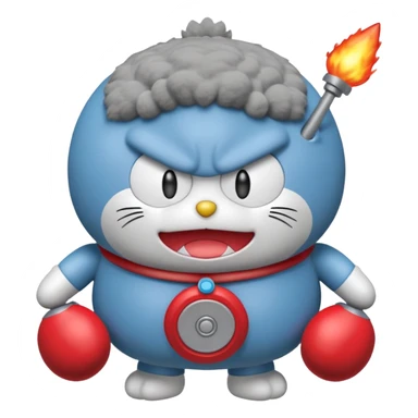 Red angry doraemon plush holding a nuke button sticker