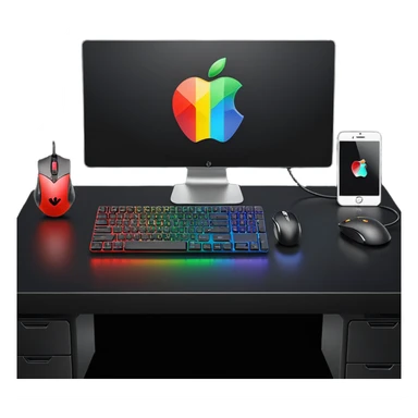 rgb gaming computer on black desk with a black keyboard and mouse sticker