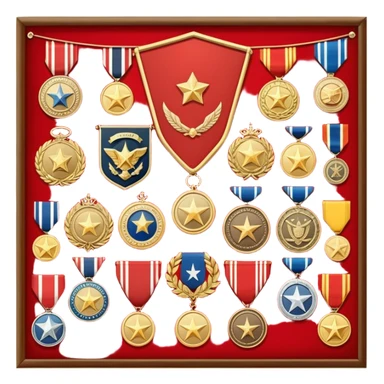 Icon for Collecting Orders, Medals & Badges: a variety of vintage orders, medals and badges, displayed neatly on a big red pennant or in a display case. The icon should reflect the honor and historical significance of these collectible items. Transparent background. sticker