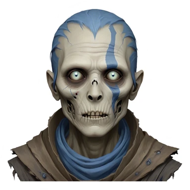 Cinematic Realistic WoW undead civilian Portrait, depicted with decayed yet noble features, his weathered, pallid skin etched with ghostly blue veins and ancient scars. Clad in modest, tattered attire in muted browns and greys that remain consistently rugged, his hollow eyes burn with determined defiance. Rendered with lifelike texture and dramatic natural lighting, high shine, noble and resilient, capturing the stoic spirit of an undead veteran of Azeroth. sticker