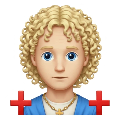 simple face of a white man, very slim face, mildly hollow cheeks, blue eyes, curlier semi-long blond hair, large visible chain with a cross sticker