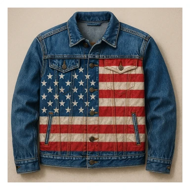 denim jacket with a large American flag painted on it, detailed denim texture and vivid stars and stripes pattern sticker