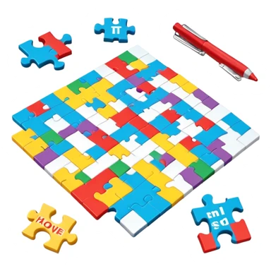 A photorealistic icon with a colorful, fragmented puzzle piece, a crossword magazine, a 3D puzzle, and a partially completed puzzle on a table. Bright, detailed design with realistic lighting. Transparent background, clearly symbolizing puzzles and brain games. sticker