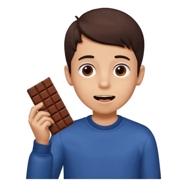 A boy holding a chocolate bar with him chewing on the bite he took sticker