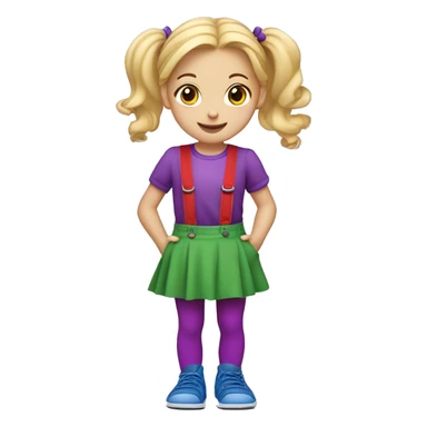 A little blonde girl with pigtails and little purple bows wearing a red long-sleeved shirt and purple overalls skirt with blue tights with green polka dots and purple sneakers. sticker