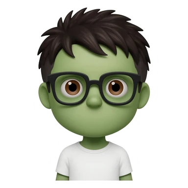 zombie boy with white tshirt and black brownish hair and with black glasses frames on hair is texturized young boy and round face more green face and dark brown eyes sticker