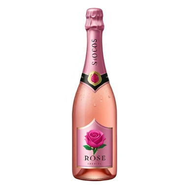 bottle of sparkling rosé with a rose logo on the label, angled to the left, no glass sticker