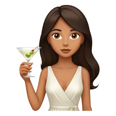 Beautiful woman in 1950’s woman fashion look, white dress, long dark brown hair, martini  sticker