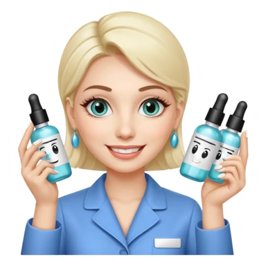 A smiling beautician with cold fake smile, calculating eyes, pointing at your cheek while holding 5 expensive serum bottle. predatory vibe.A face with a fake sweet smile, but the face is slowly consumed by shadows creeping from below. Only the cold, calculating eyes are visible in the dark sticker