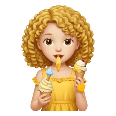 a little girl kid with curly hair, yellow dress, eat ice cream sticker