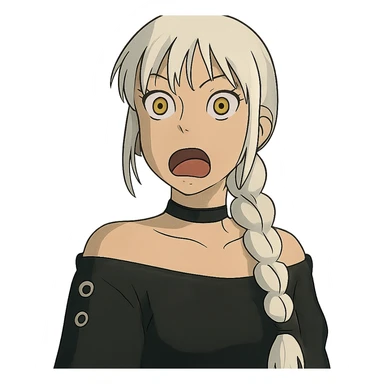 shocked young female with gold yellow eyes, white hair in a long braid, black off-shoulder top, punk gothic style sticker
