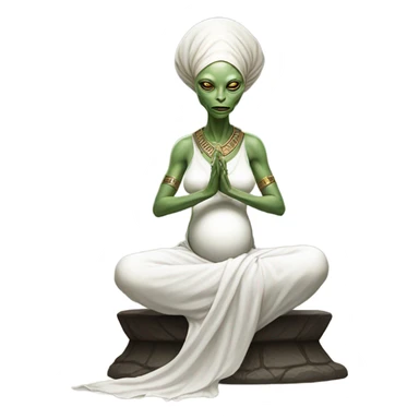 a Reptilian alien woman, pregnant, in meditation, white dress like a priestess sticker