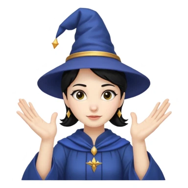 female wizard with black hair in a low bun under a wizards hat with both hands palm up sticker