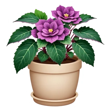 Begonia Rex with dark green leaves, purple edges, white spots in the middle, and prominent spiral centers where leaves grow from, in a beige pot sticker