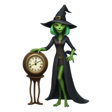 a Reptilian alien woman, as witch, holding holding a big clock, full body sticker