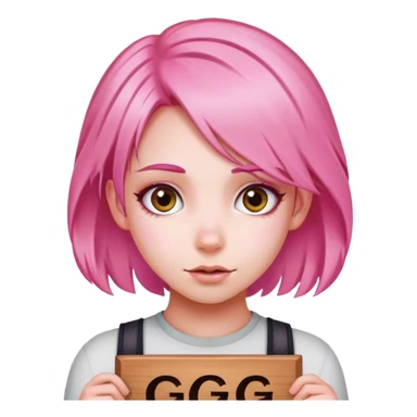 girl with pink hair, big sign, sign says "GG" sticker