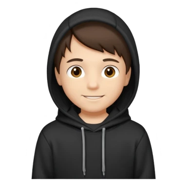 A brunette boy, short straight hair, light brown eyes, with a black sweatshirt with a hoodie, and smile  sticker