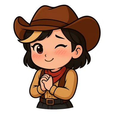 Chibi cowgirl with short hair and a blonde streak, wearing a cowboy hat and western outfit, no guns, chibi/anime style, transparent background, sized for Twitch or Discord use. Pose: hands clasped in front, shy and blushing expression. sticker