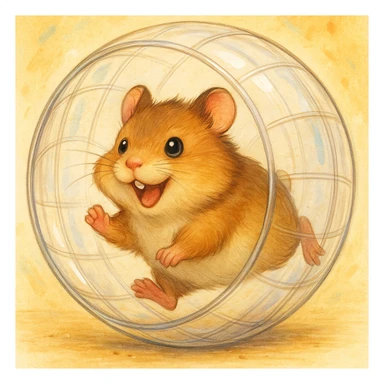 brown hamster running inside a clear exercise ball, cute, energetic sticker