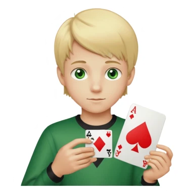 ילד שנראה בן 12 בלונדיני עם עיניים ירוקות, מטר חמישים ושבע, אוחז בקלף אס עלה בידו sticker