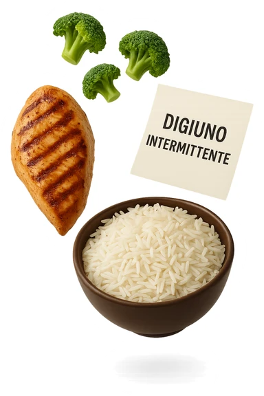 petto di pollo grigliato, bowl di riso basmati e broccoletti fluttuano in aria insieme ad un foglio con la scritta "DIGIUNO INTERMITTENTE", iperrealistico 4k sticker