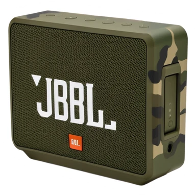JBL Go 4 in woodland camouflage, simplified design, front view showing speaker grill, modern minimal approach, military style sticker