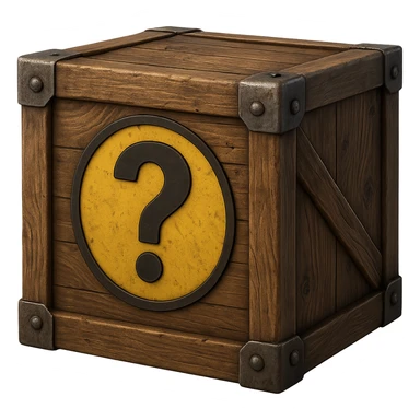 Realistic wooden crate with pronounced wood grain, metal reinforced corners, and a large central question mark. No background. Variant 2. sticker