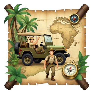 A vintage movie poster-style collage. Include action-packed elements like a treasure map, jungle scenes, a rugged explorer with a compass and a speeding jeep. Add a shadowy figure resembling close-up Mark Wahlberg in adventurous gear. Dramatic lighting, dynamic composition. Transparent background. sticker