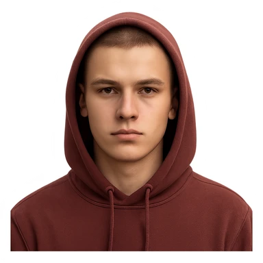 European male youth wearing maroon hoodie with hood up, short brown buzzcut, smooth skin, oval face, strong jawline, high cheekbones, sharp focused eyes, straight eyebrows, calm neutral look sticker