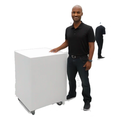 Technician wearing a black polo shirt installing a 43 inch  tv on white exhibition stand sticker