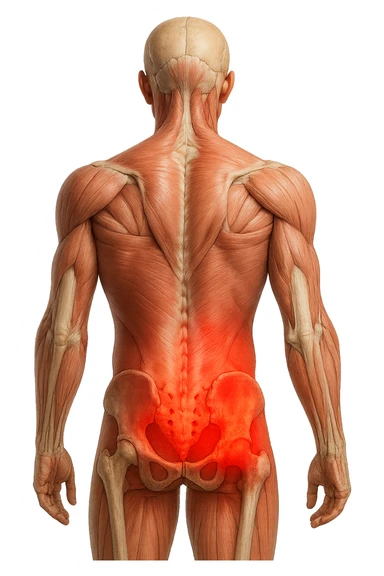 CORPO UMANO ANATOMICO REALISTICO DI SPALLE CON DOLORE ALLA LOMBARE INFIAMMATA, DOLORE ALL'ANCA, IPERREALISTICO 4K sticker