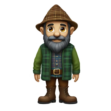 Full-length gnome, almost black beard, brown eyes, young, with a blue woolen hat, brown boots and a green plaid shirt. The body should be cartoonish and not realistic. sticker