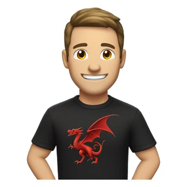 a white man with a smile on his face and with his right arm raised in the air, bent at the elbow, wearing a black sweatshirt with a red dragon, dark hair sticker