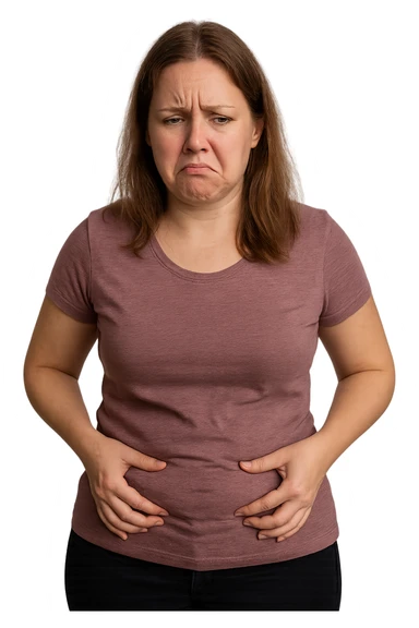 realistic woman isolated on transparent background, holding her belly or showing dissatisfaction with her body weight, 2:3 aspect ratio sticker