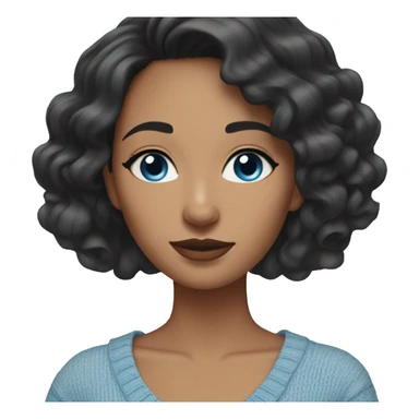 woman with black wavy hair with blue eyes and tan skin and off shoulder light blue sweater sticker