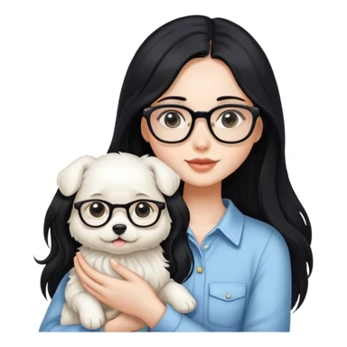A beautiful girl with long black hair and glasses is holding a long-haired white puppy sticker