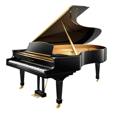 Cinematic Realistic Piano, glossy black grand piano with elegantly curved edges, pristine white and black keys, soft golden light reflecting off its polished surface, faint reflections of a musician’s hands, glowing with refined elegance and musical depth. sticker