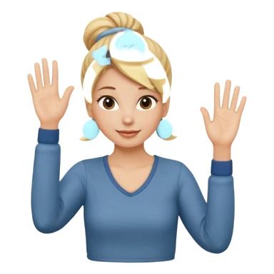 blonde woman with bun in casual clothes waving sticker