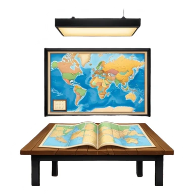 A dark room full of maps with table and over light ￼ sticker